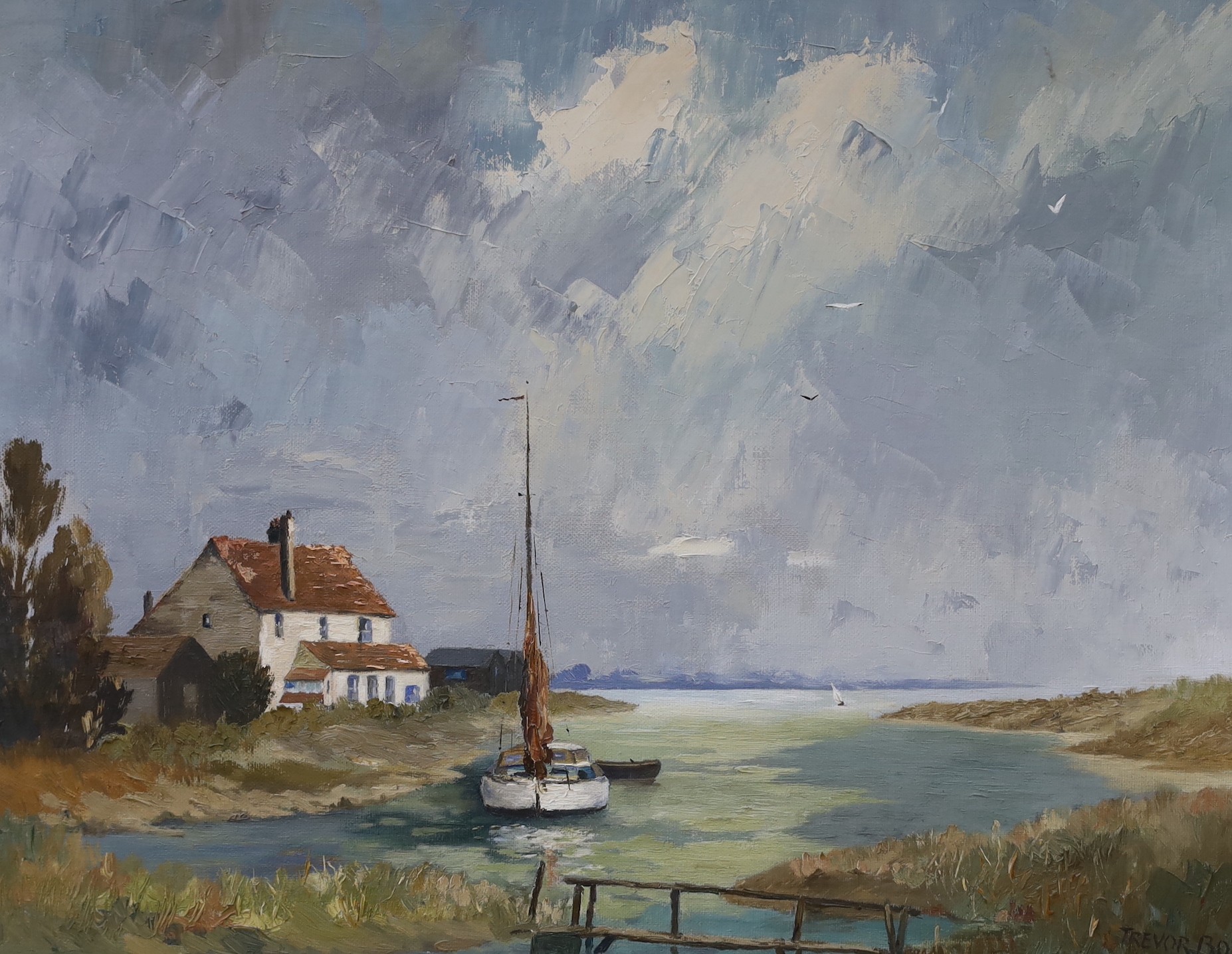 Trevor Boys, three oils on canvas, Thames sailing barges: The Creek, Kirby-le-Soken and Gravesend Reach, all signed, largest 39 x 49cm